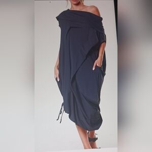 Boho Chic Dark Grey Soft Jersey Cotton Draped Dress With 2 Side Pockets